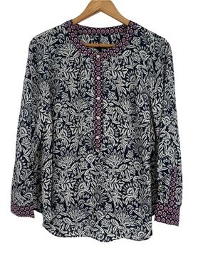 Talbots Blouse Size 1XP Popover Blue Floral 5 Button-front  Contrast Cuff
